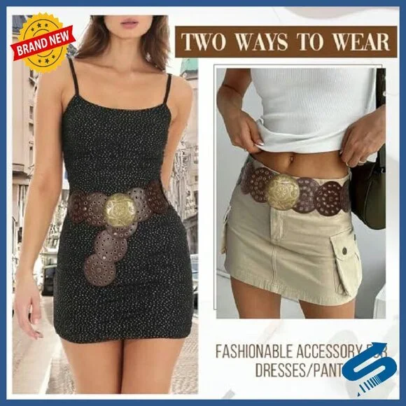 Western Hollow Disc Leather Belt Wide Adjustable Cowgirl Style - Picture 6 of 8